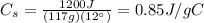 C_s = \frac{1200 J}{(117 g)(12^{\circ})}=0.85 J/gC