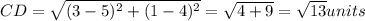 CD=\sqrt{(3-5)^2+(1-4)^2}=\sqrt{4+9}=\sqrt{13}units