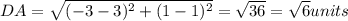 DA=\sqrt{(-3-3)^2+(1-1)^2}=\sqrt{36}=\sqrt{6}units
