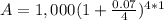 A=1,000(1+\frac{0.07}{4})^{4*1}