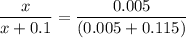 \dfrac{x}{x+0.1}=\dfrac{0.005}{(0.005+0.115)}
