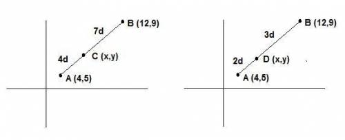 Given point a with coordinates (3, 5) and point b with coordinates (12, 9)… • find point c that spli