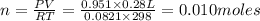 n=\frac{PV}{RT}=\frac{0.951\times 0.28L}{0.0821 \times 298}=0.010moles