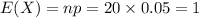 E(X) = np=20\times0.05=1