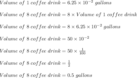 Volume\ of\ 1\ coffee\ drink=6.25\times 10^{-2}\ gallons\\\\Volume\ of\ 8\ coffee\ drink=8\times Volume\ of\ 1\ coffee\ drink\\\\Volume\ of\ 8\ coffee\ drink=8\times 6.25\times 10^{-2}\ gallons\\\\Volume\ of\ 8\ coffee\ drink=50\times 10^{-2}\\\\Volume\ of\ 8\ coffee\ drink=50\times \frac{1}{100}\\\\Volume\ of\ 8\ coffee\ drink=\frac{1}{2}\\\\Volume\ of\ 8\ coffee\ drink=0.5\ gallons
