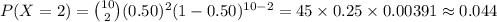 P(X =2)={10\choose 2}(0.50)^{2}(1-0.50)^{10-2}=45\times 0.25\times 0.00391\approx0.044
