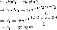 n_1sin\theta_1=n_2sin\theta_2\\\Rightarrow theta_1=sin^{-1}\dfrac{n_2sin\theta_2}{n_1}\\\Rightarrow \theta_1=sin^{-1}\dfrac{1.52\times sin38}{1}\\\Rightarrow \theta_1=69.358^{\circ}