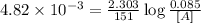 4.82\times 10^{-3}=\frac{2.303}{151}\log\frac{0.085}{[A]}