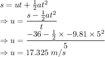 s=ut+\frac{1}{2}at^2\\\Rightarrow u=\dfrac{s-\frac{1}{2}at^2}{t}\\\Rightarrow u=\dfrac{-36-\frac{1}{2}\times -9.81\times 5^2}{5}\\\Rightarrow u=17.325\ m/s