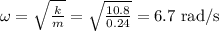 \omega = \sqrt{\frac{k}{m}} = \sqrt{\frac{10.8}{0.24}} = 6.7~{\rm rad/s}