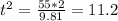 t^2= \frac{55*2}{9.81} = 11.2