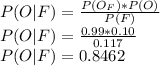 P(O|F) =\frac{P(O_F)*P(O)}{P(F)} \\P(O|F) =\frac{0.99*0.10}{0.117}\\ P(O|F) =0.8462