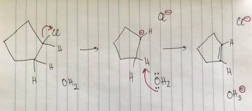 Below is the E1 reaction between chlorocyclopentane and water (H2O). Draw the missing curved arrow n