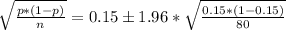 \sqrt{\frac{p*(1-p)}{n} }  =  0.15 \pm 1.96 *\sqrt{\frac{0.15*(1-0.15)}{80} }