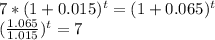 7*(1+0.015)^t=(1+0.065)^t\\(\frac{1.065}{1.015})^t=7