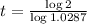 t = \frac{\log{2}}{\log{1.0287}}