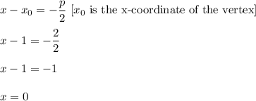 x-x_0=-\dfrac{p}{2}\ [x_0\text{ is the x-coordinate of the vertex}]\\ \\x-1=-\dfrac{2}{2}\\ \\x-1=-1\\ \\x=0