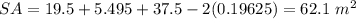 SA=19.5+5.495+37.5-2(0.19625)=62.1\ m^2