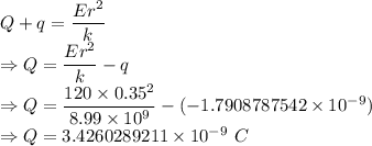 Q+q=\dfrac{Er^2}{k}\\\Rightarrow Q=\dfrac{Er^2}{k}-q\\\Rightarrow Q=\dfrac{120\times 0.35^2}{8.99\times 10^9}-(-1.7908787542\times 10^{-9})\\\Rightarrow Q=3.4260289211\times 10^{-9}\ C