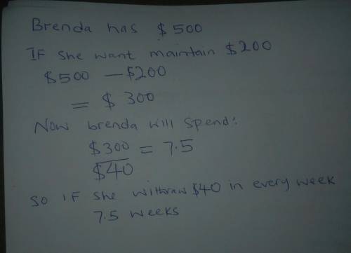 Brenda has $500 in her bank account. Every week she withdraws $40 for miscellaneous expenses. How ma