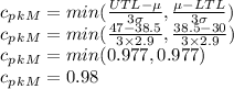 c_p_k_{M}=min(\frac{UTL-\mu}{3\sigma},\frac{\mu-LTL}{3\sigma})\\c_p_k_{M}=min(\frac{47-38.5}{3\times 2.9},\frac{38.5-30}{3\times 2.9})\\c_p_k_{M}=min(0.977,0.977)\\c_p_k_{M}=0.98