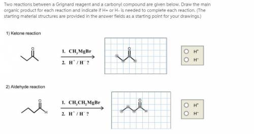 Two reactions between a Grignard reagent and a carbonyl compound are given. Draw the main organic pr