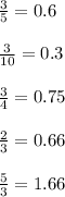 \frac{3}{5} =0.6\\\\\frac{3}{10}= 0.3\\\\\frac{3}{4} =0.75\\\\\frac{2}{3}=0.66 \\\\\frac{5}{3}=1.66