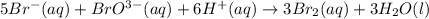 5Br^-(aq)+BrO^{3-}(aq)+6H^+(aq)\rightarrow 3Br_2(aq)+3H_2O(l)