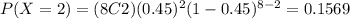 P(X=2)=(8C2)(0.45)^2 (1-0.45)^{8-2}=0.1569