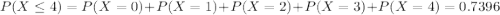 P(X \leq 4) = P(X=0)+P(X=1)+P(X=2)+P(X=3)+P(X=4)=0.7396