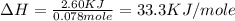 \Delta H=\frac{2.60KJ}{0.078mole}=33.3KJ/mole