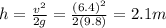 h=\frac{v^2}{2g}=\frac{(6.4)^2}{2(9.8)}=2.1 m