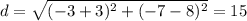 d=\sqrt{(-3+3)^2+(-7-8)^2} =15