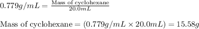 0.779g/mL=\frac{\text{Mass of cyclohexane}}{20.0mL}\\\\\text{Mass of cyclohexane}=(0.779g/mL\times 20.0mL)=15.58g