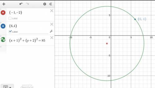 What is the equation of the circle with the center (-1,-2) and passes through the point (6,4)?