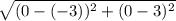 \sqrt{(0-(-3))^2+(0-3)^2}
