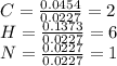C=\frac{0.0454}{0.0227} =2\\H=\frac{0.1373}{0.0227}=6\\N=\frac{0.0227}{0.0227}=1