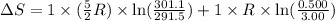 \Delta S=1\times (\frac{5}{2}R)\times \ln (\frac{301.1}{291.5})+1\times R\times \ln (\frac{0.500}{3.00})