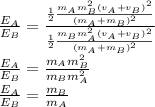 \frac{E_A}{E_B}=\frac{\frac{1}{2}\frac{m_Am_B^2(v_A+v_B)^2}{(m_A+m_B)^2}}{\frac{1}{2}\frac{m_Bm_A^2(v_A+v_B)^2}{(m_A+m_B)^2}}\\\frac{E_A}{E_B}=\frac{m_Am_B^2}{m_Bm_A^2}\\\frac{E_A}{E_B}=\frac{m_B}{m_A}