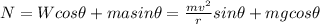 N =W cos \theta + ma sin \theta = \frac{mv^2}{r} sin \theta + mg cos \theta