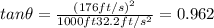 tan \theta = \frac{(176ft/s)^2}{1000 ft 32.2 ft/s^2}= 0.962