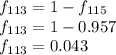 f_{113} = 1- f_{115}\\f_{113} =  1- 0.957 \\f_{113} = 0.043