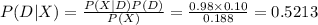 P(D|X)=\frac{P(X|D)P(D)}{P(X)}=\frac{0.98\times0.10}{0.188} =0.5213