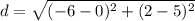 d=\sqrt{(-6-0)^{2}+(2-5)^{2}}