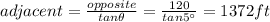adjacent = \frac{opposite}{tan \theta}=\frac{120}{tan 5^{\circ}}=1372 ft