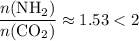 \displaystyle \frac{n(\mathrm{NH}_2)}{n(\mathrm{CO}_2)} \approx 1.53 < 2