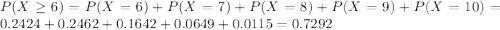 P(X \geq 6) = P(X = 6) + P(X = 7) + P(X = 8) + P(X = 9) + P(X = 10) = 0.2424 + 0.2462 + 0.1642 + 0.0649 + 0.0115 = 0.7292