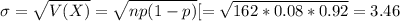\sigma = \sqrt{V(X)} = \sqrt{np(1-p)}[ = \sqrt{162*0.08*0.92} = 3.46