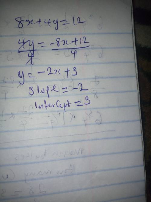 What is the slope intercept form of this equation 8x + 4y = 12