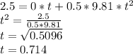2.5 = 0 *t + 0.5 * 9.81 * t^2\\t^2 = \frac{2.5}{0.5*9.81}\\ t = \sqrt{0.5096} \\t = 0.714